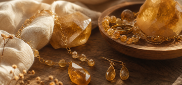 Citrine crystals on warm wood
