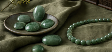 Green jade cabochons on soft linen