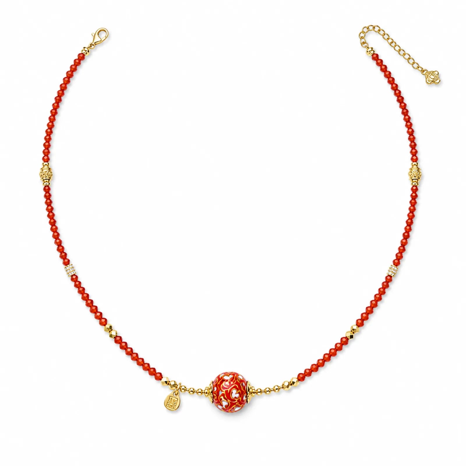 Lacquerware & Red Agate Beaded Necklace with 18K Gold Accents - on white background