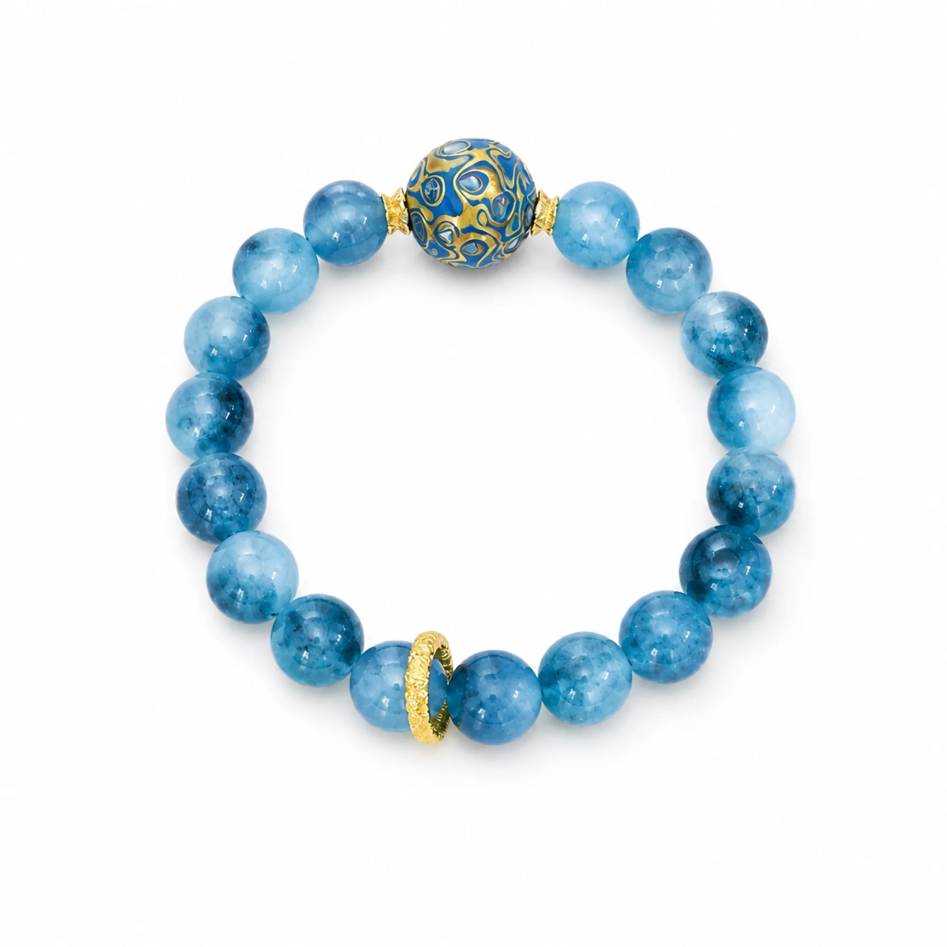 Blue Chalcedony & Lacquerware Bead Bracelet with Brass Accents - on white background