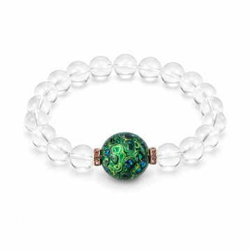 Clear Quartz & Green Lacquerware Bead Bracelet with Crystal Spacers - on white background