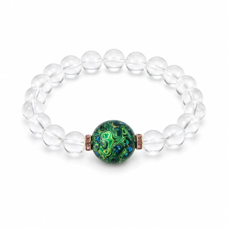 Clear Quartz & Green Lacquerware Bead Bracelet with Crystal Spacers - on white background