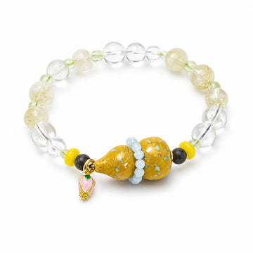 Clear & Citrine Quartz Bracelet with Yellow Lacquerware Double Gourd Pendant - on white background