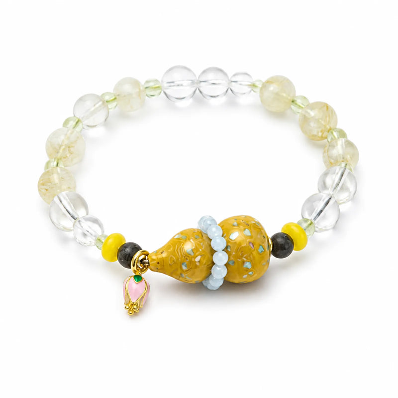 Clear & Citrine Quartz Bracelet with Yellow Lacquerware Double Gourd Pendant - on white background