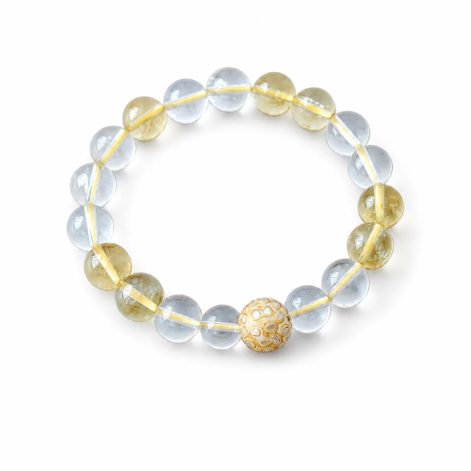 Clear & Citrine Quartz Mixed Bead Bracelet with Lacquerware Accent - on white background