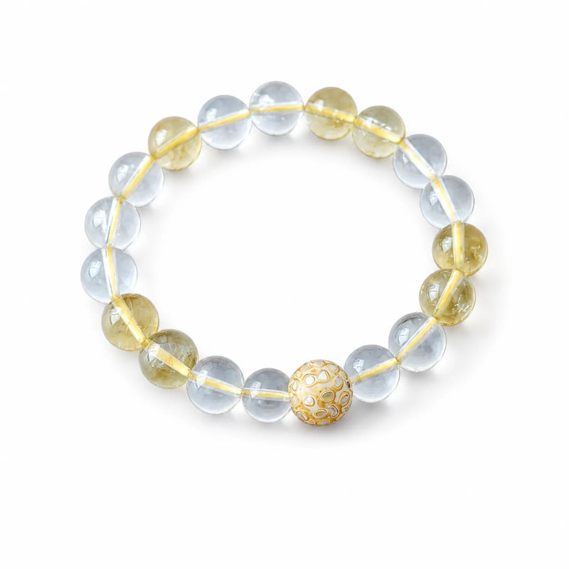 Clear & Citrine Quartz Mixed Bead Bracelet with Lacquerware Accent - on white background