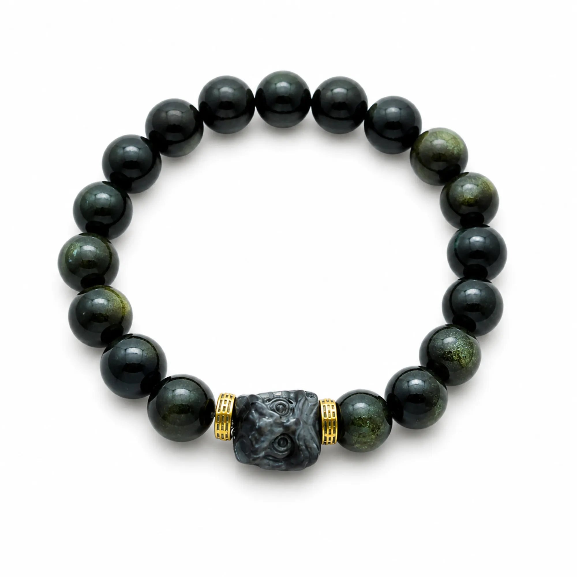 Guardian Deity Carved Bracelet | Black Obsidian & 18K Gold - on white background