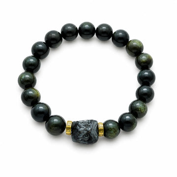 Guardian Deity Carved Bracelet | Black Obsidian & 18K Gold - on white background