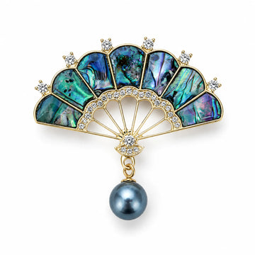 Abalone Shell Fan Pendant with Crystal Accents & Pearl Drop - on white background