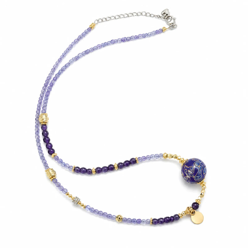 Lacquerware & Amethyst Beaded Necklace with 18K Gold Accents - on white background