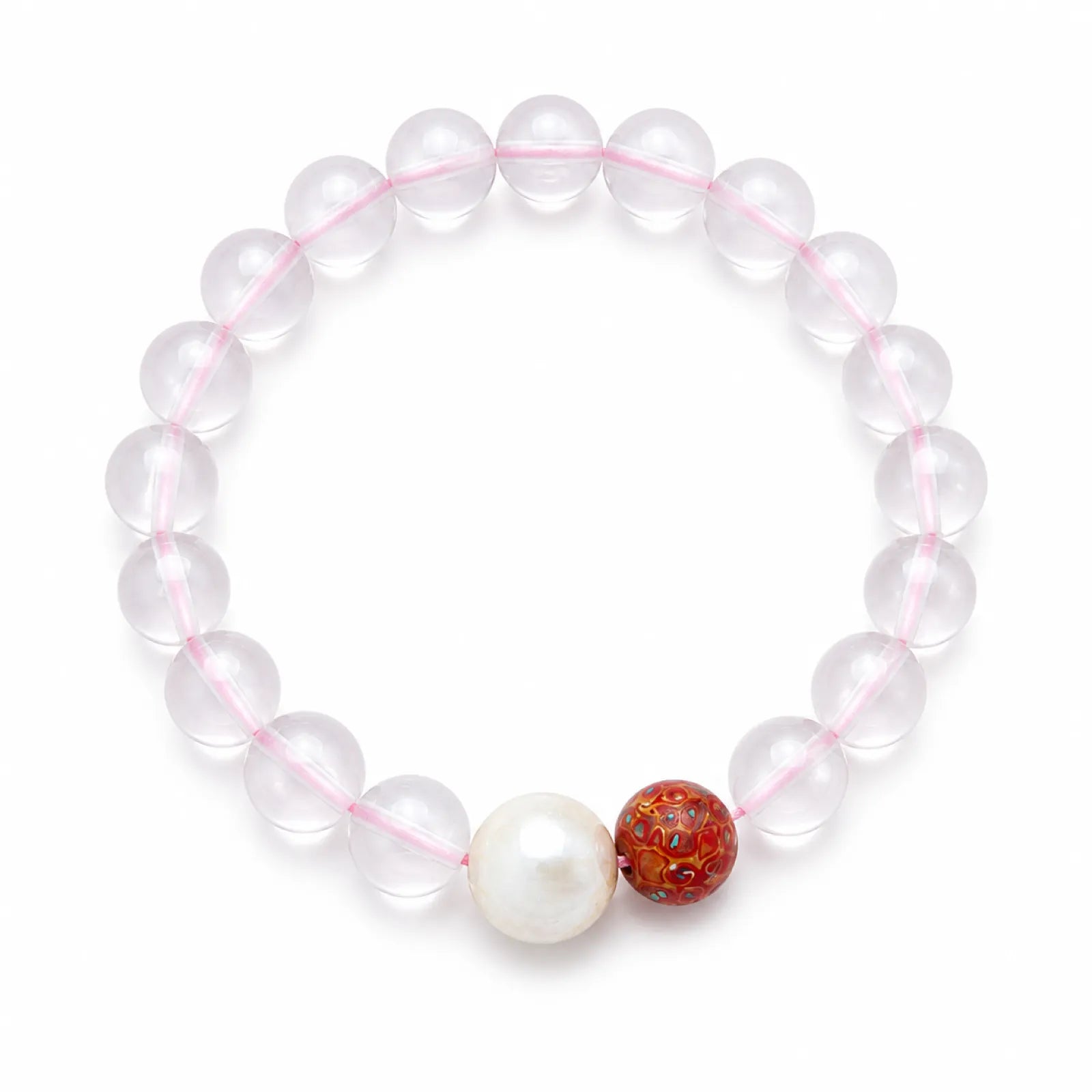 Rose Quartz & Lacquerware Bead Bracelet with Pearl Accent - on white background