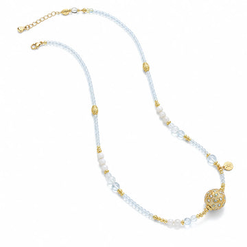 Lacquerware & White Crystal Beaded Necklace with 18K Gold Accents - on white background