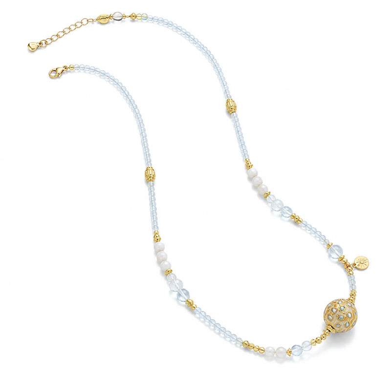 Lacquerware & White Crystal Beaded Necklace with 18K Gold Accents - on white background