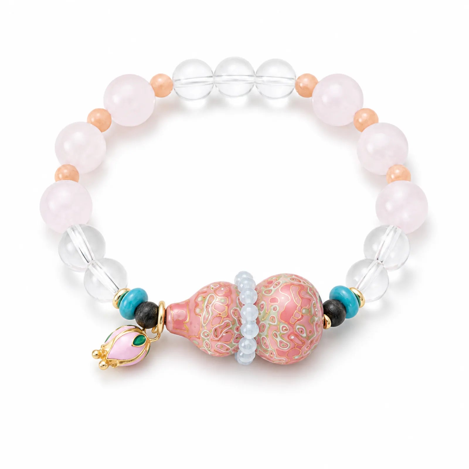 Rose Quartz & Multi-Gemstone Bracelet with Lacquerware Double Gourd Pendant - on white background