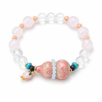 Rose Quartz & Multi-Gemstone Bracelet with Lacquerware Double Gourd Pendant - on white background