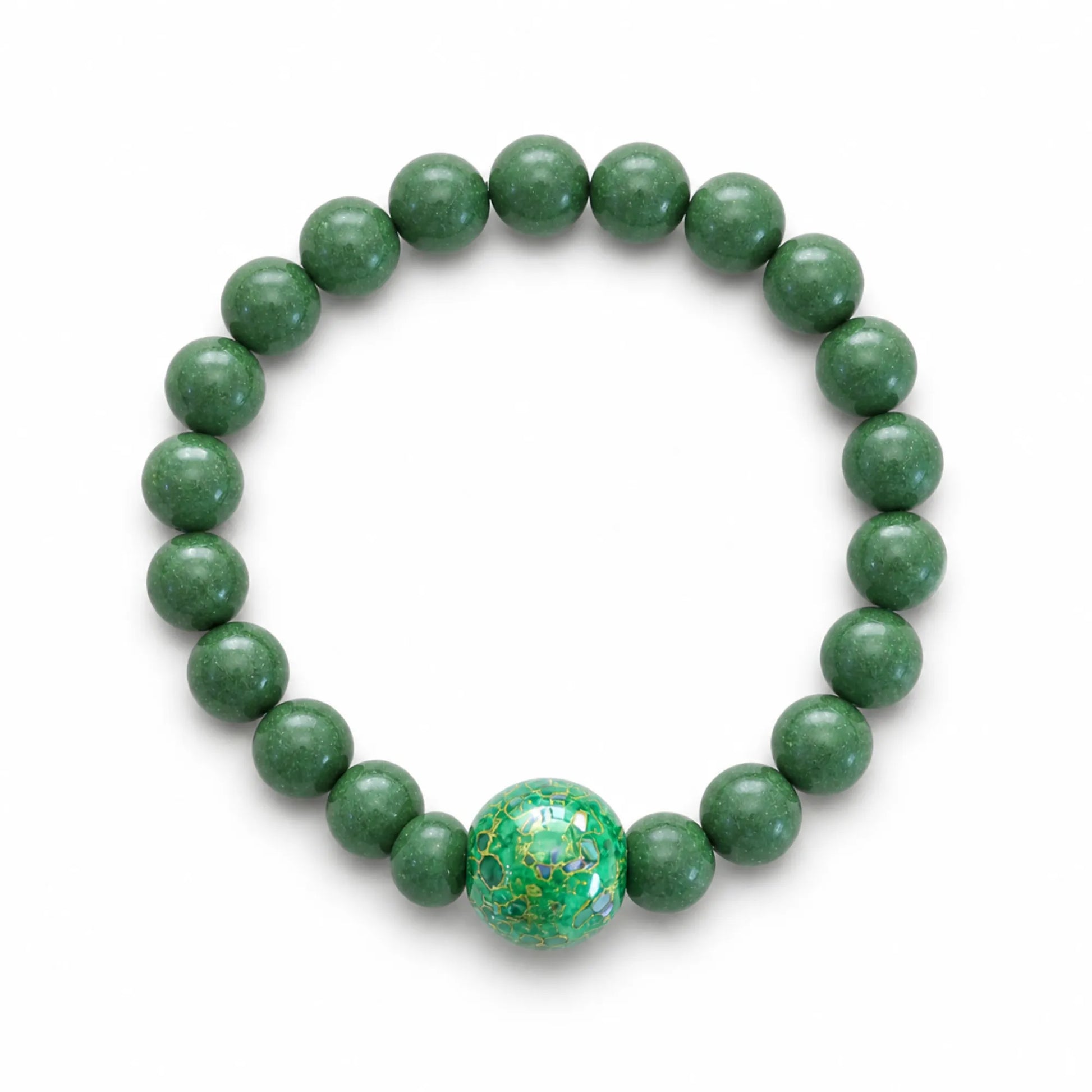 Lacquerware & Aromatic Herbal Beaded Stretch Bracelet — Green Yuzu Luck - on white background