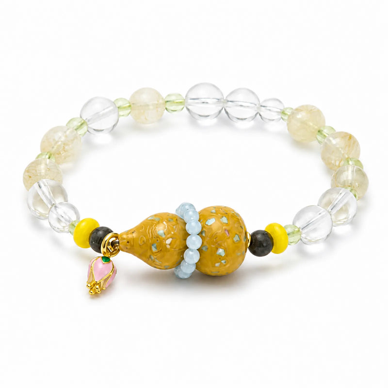 Clear & Citrine Quartz Bracelet with Yellow Lacquerware Double Gourd Pendant - on white background