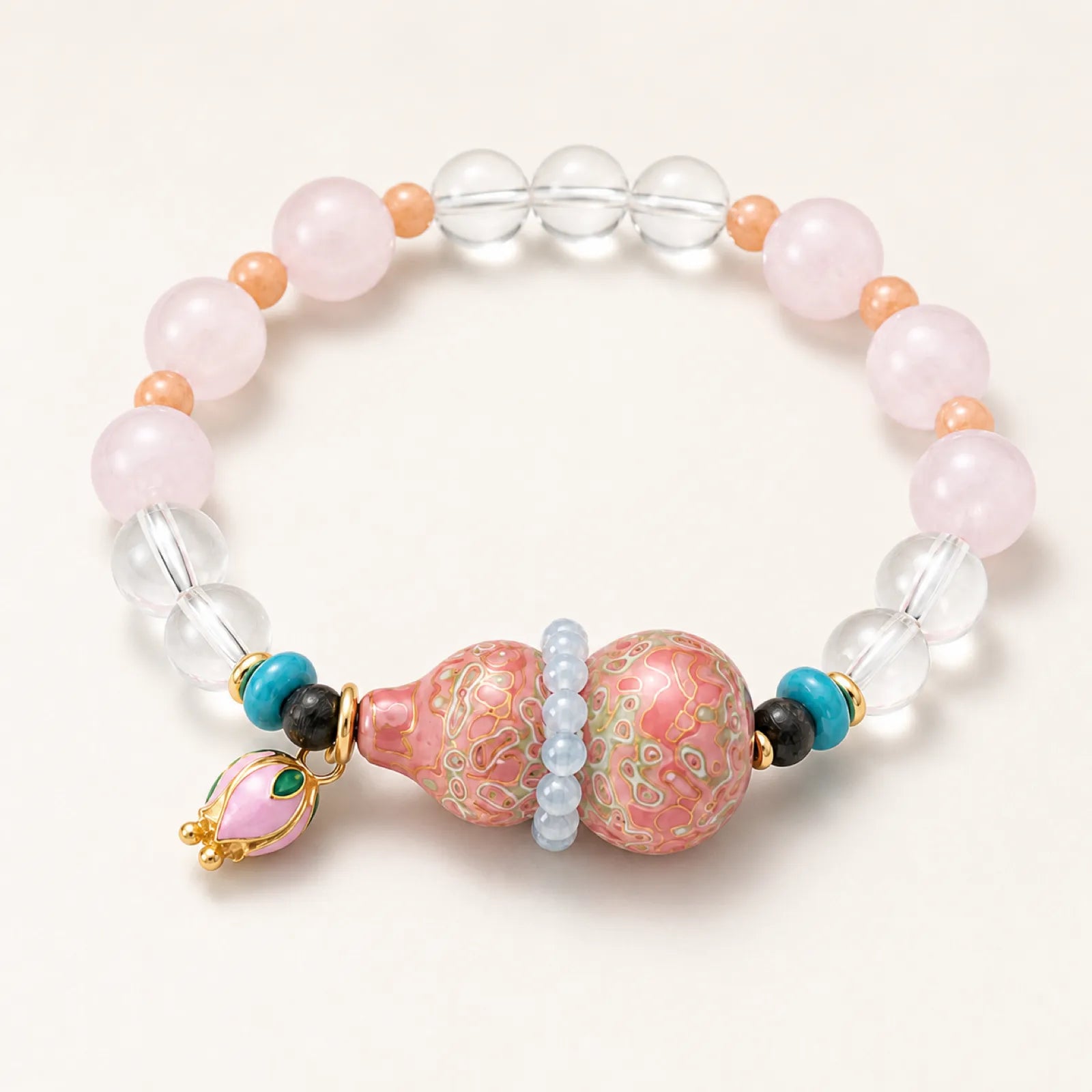 Rose Quartz & Multi-Gemstone Bracelet with Lacquerware Double Gourd Pendant - 02 multi angle 2 11zon 03489de6 058d 4a2b a985 998237c2180e