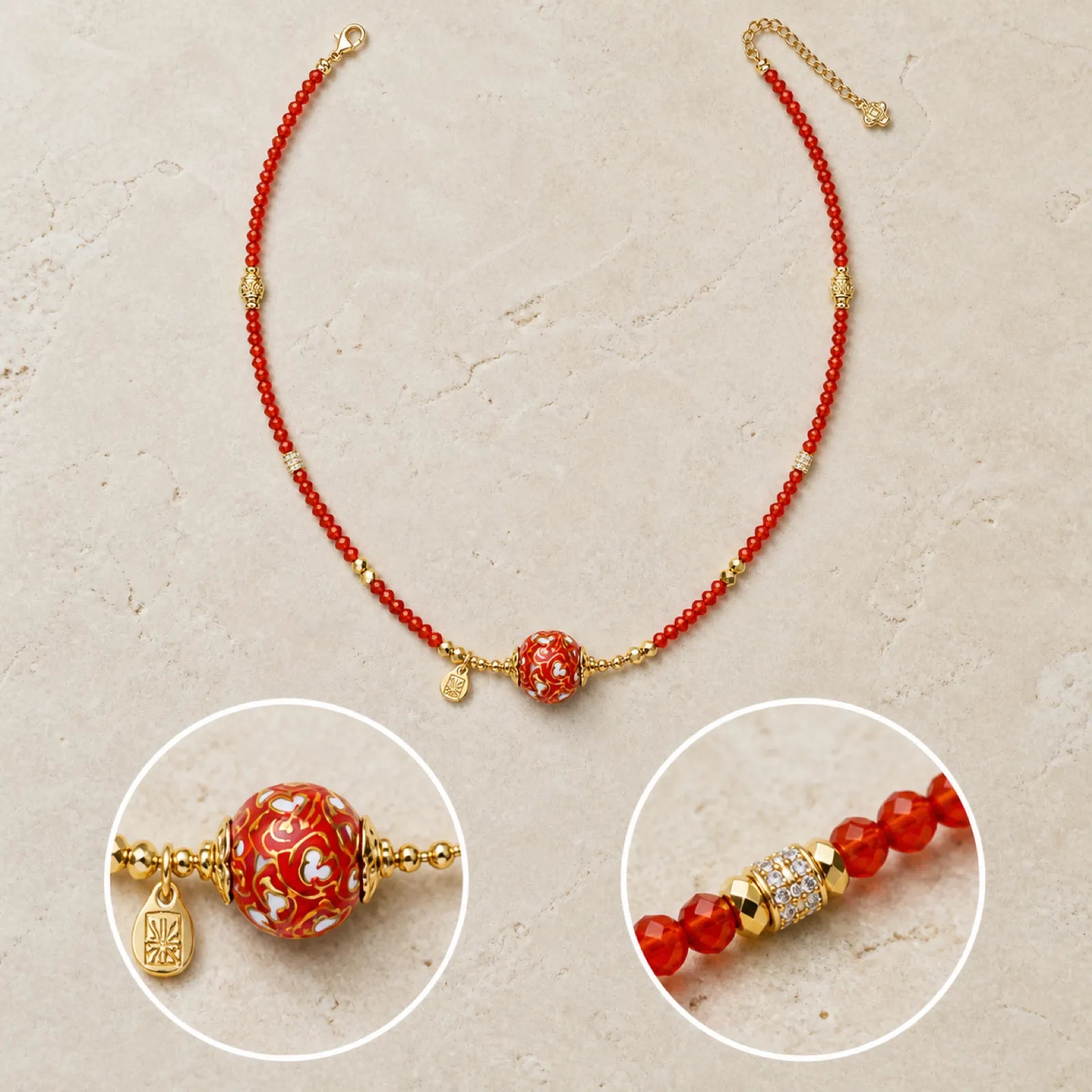 Lacquerware & Red Agate Beaded Necklace with 18K Gold Accents - 02 multi angle 2 11zon 2addccb8 12b4 42cd 9dab 233bcea4e