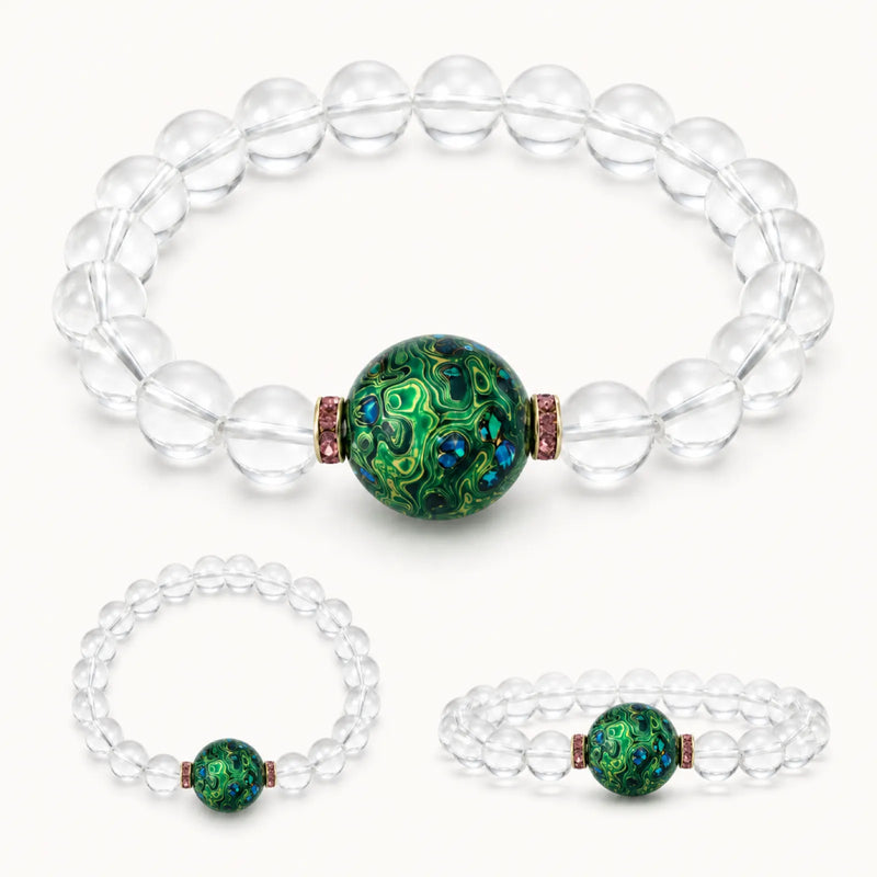Clear Quartz & Green Lacquerware Bead Bracelet with Crystal Spacers - on white background