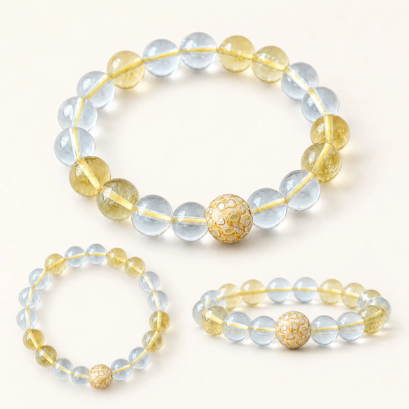 Clear & Citrine Quartz Mixed Bead Bracelet with Lacquerware Accent - on white background