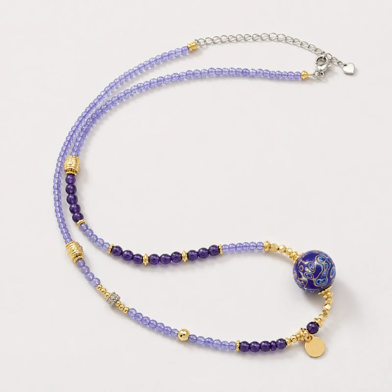 Lacquerware & Amethyst Beaded Necklace with 18K Gold Accents - on white background