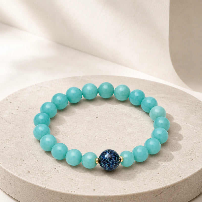 Aquamarine & Lacquerware Focal Bead Bracelet - on white background