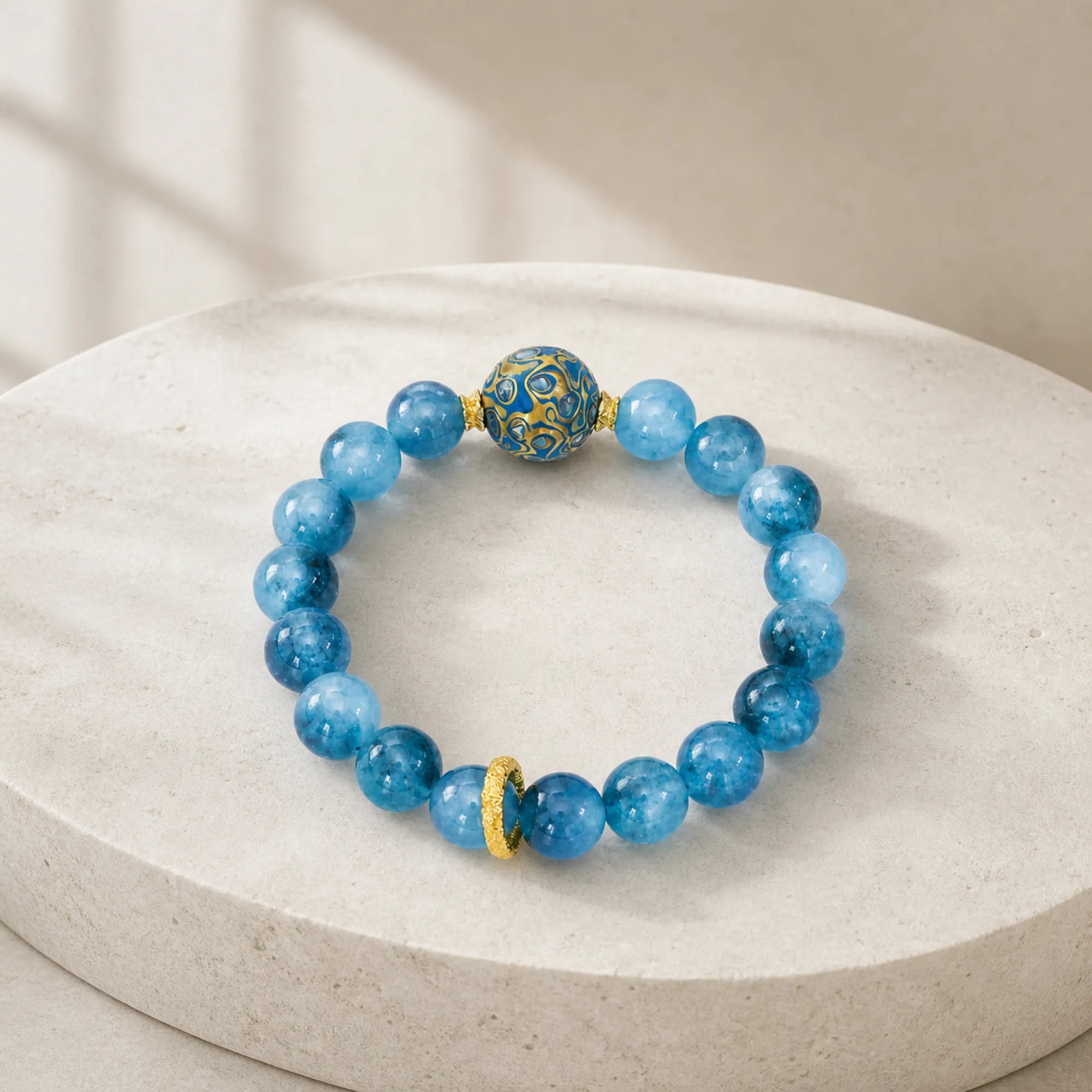 Blue Chalcedony & Lacquerware Bead Bracelet with Brass Accents - lifestyle scene