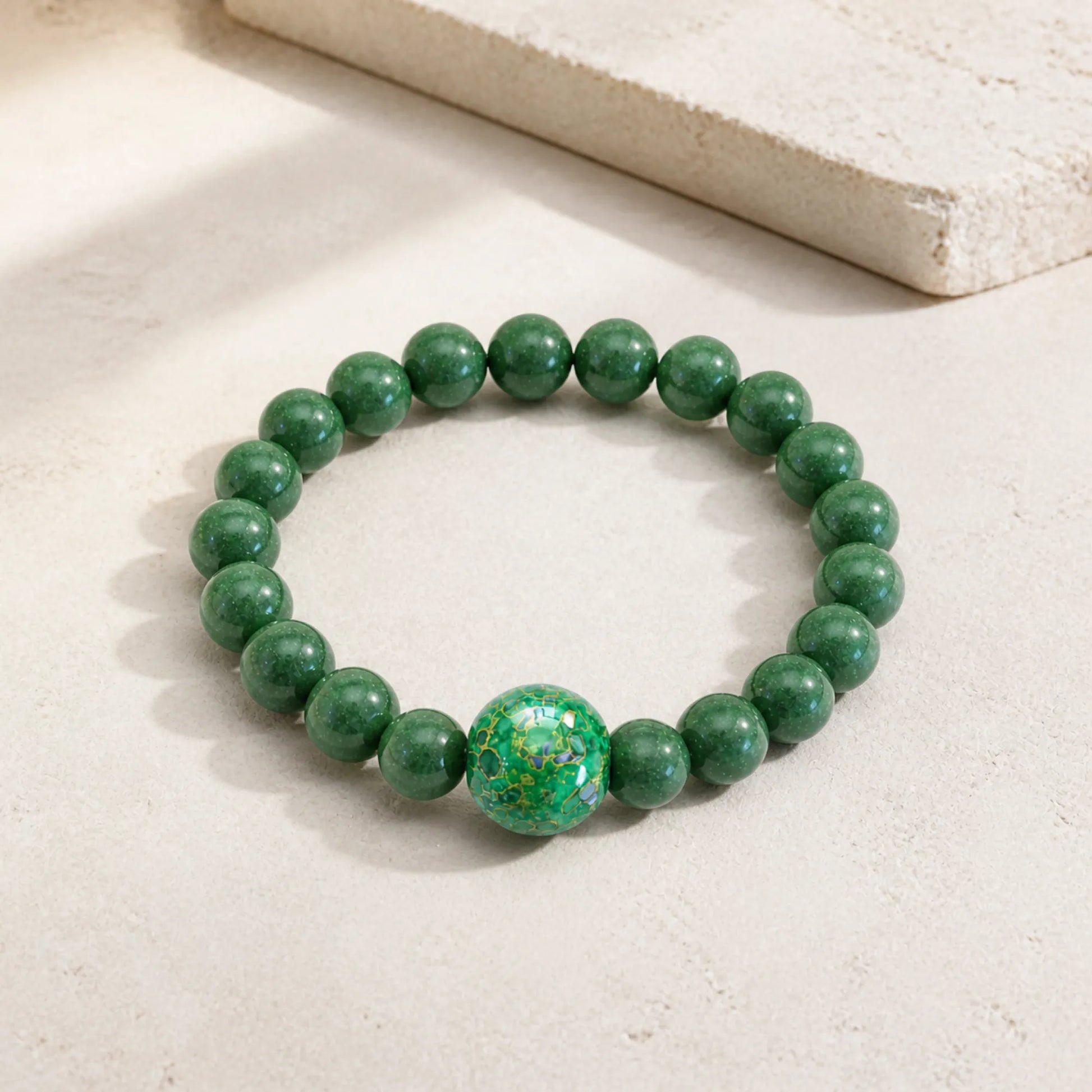 Lacquerware & Aromatic Herbal Beaded Stretch Bracelet — Green Yuzu Luck - lifestyle scene