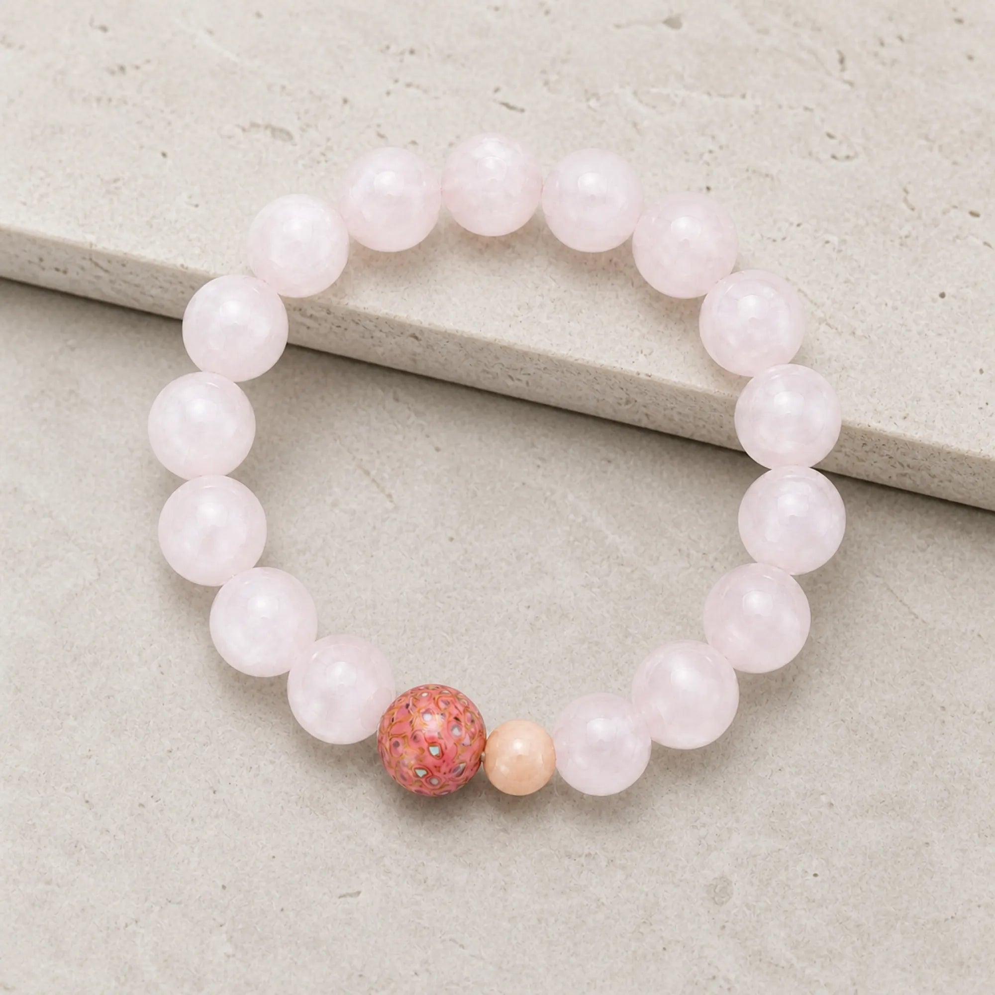 Lacquerware & Rose Quartz Beaded Stretch Bracelet - lifestyle scene