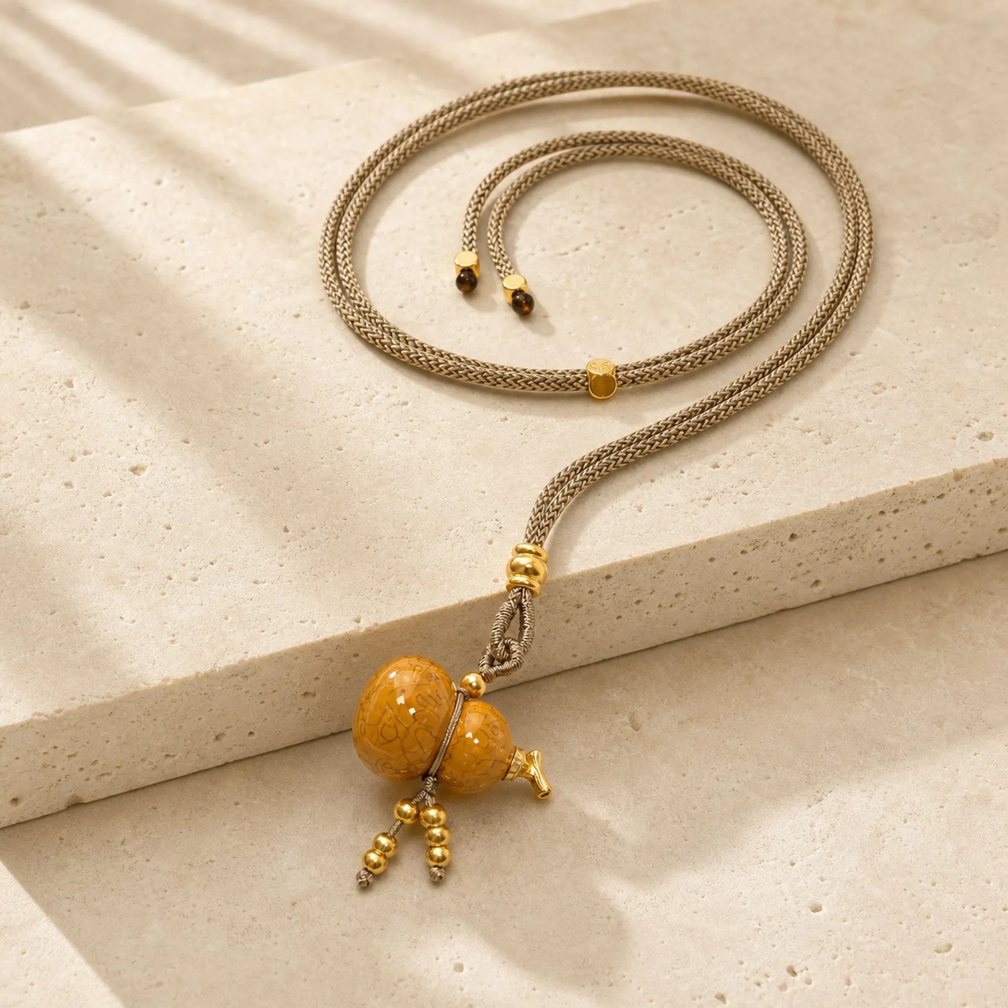 Chinese Lacquerware Gourd Necklace - Earthy Yellow