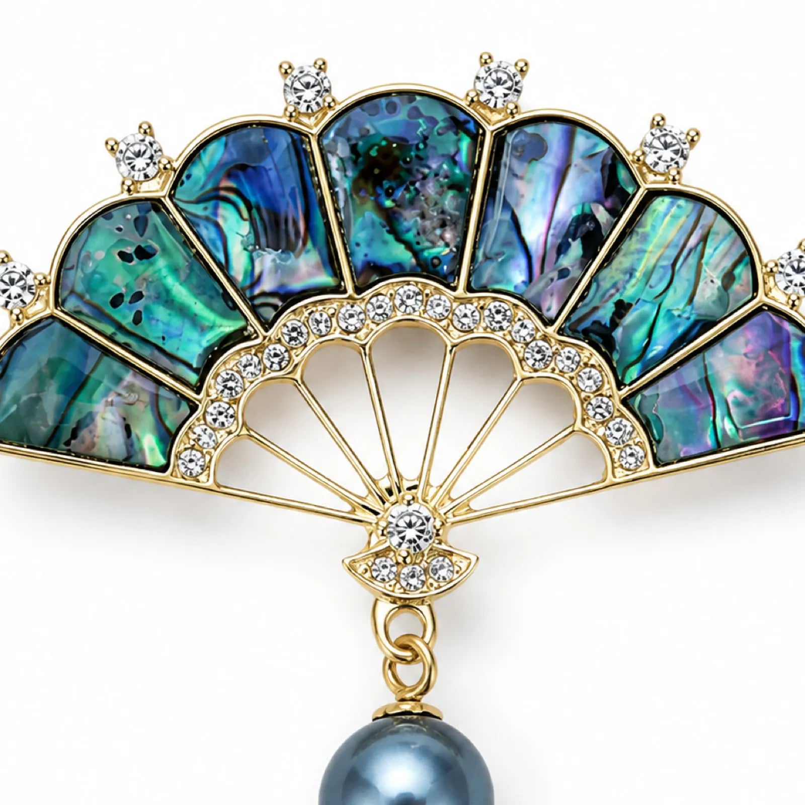 Abalone Shell Fan Pendant with Crystal Accents & Pearl Drop - detail view