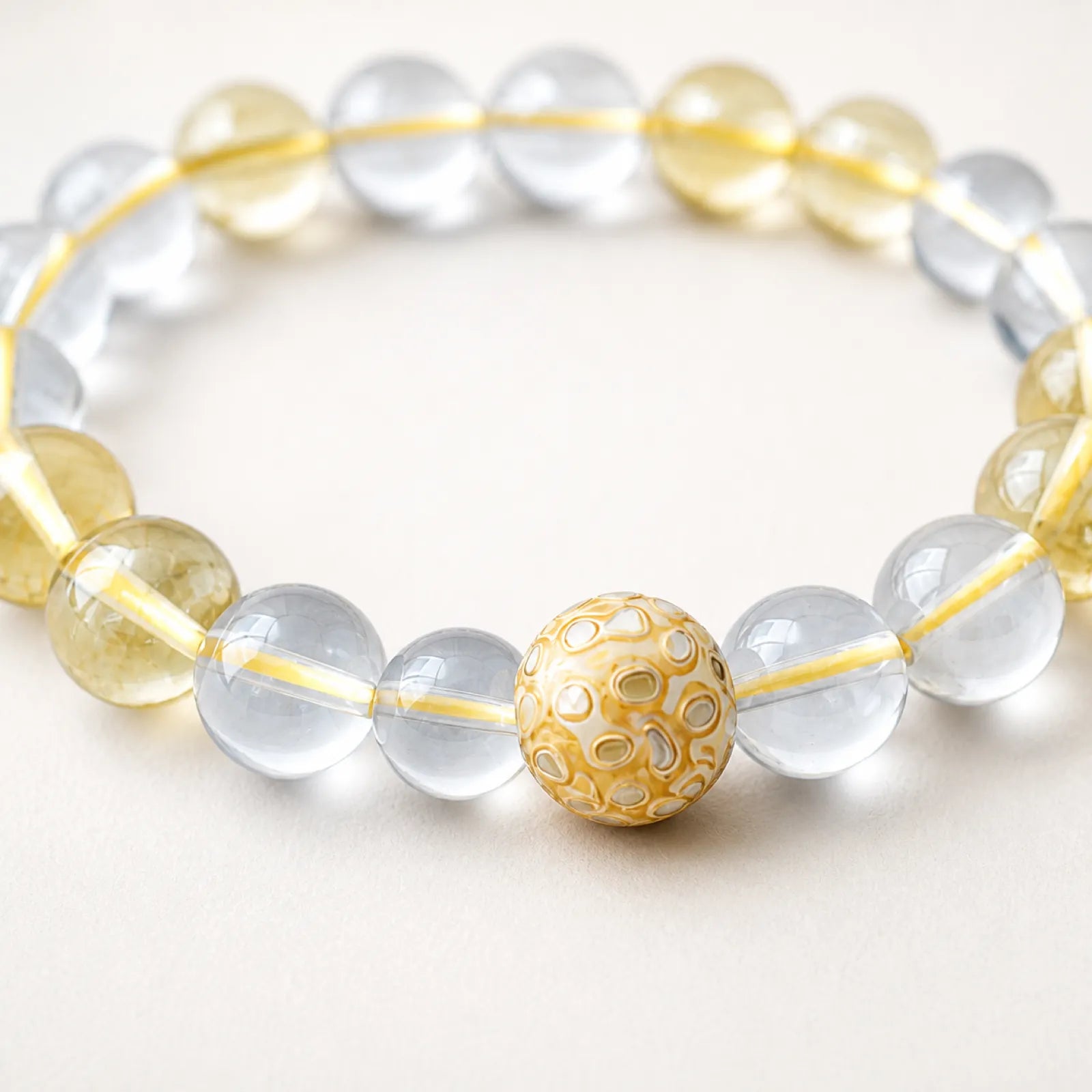 Clear & Citrine Quartz Mixed Bead Bracelet with Lacquerware Accent - detail view