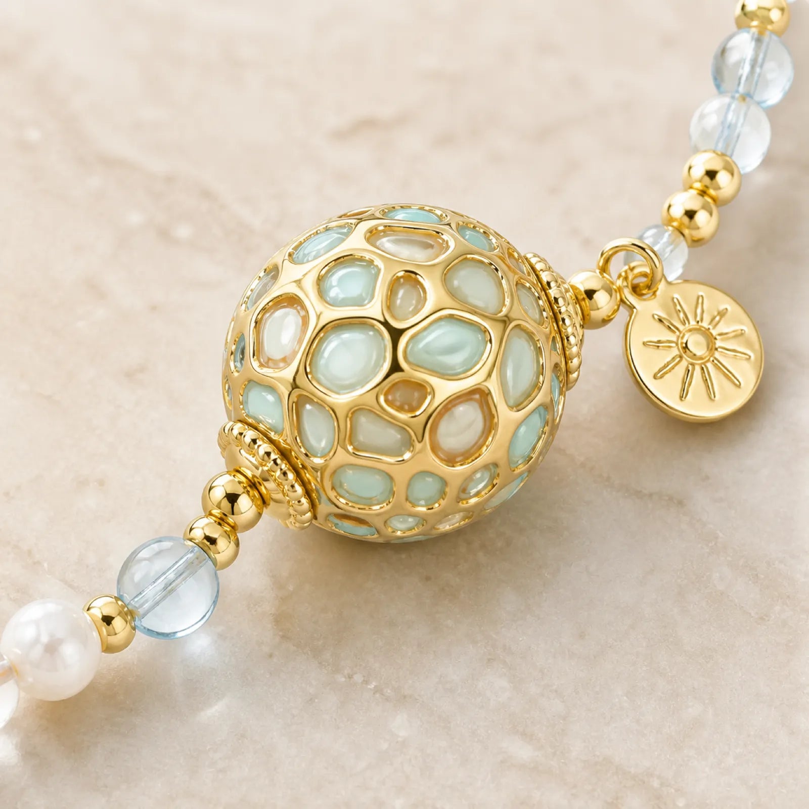 Lacquerware & White Crystal Beaded Necklace with 18K Gold Accents - detail view