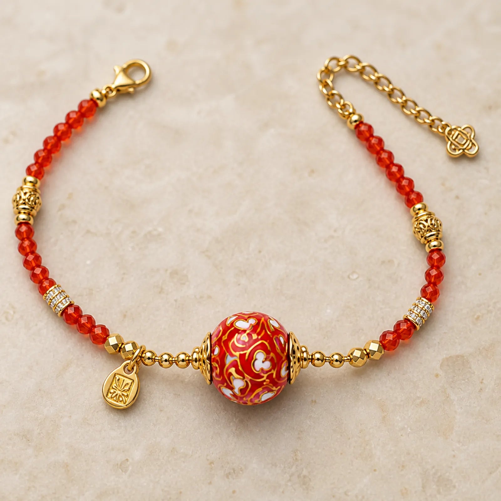Lacquerware & Red Agate Beaded Necklace with 18K Gold Accents - detail view