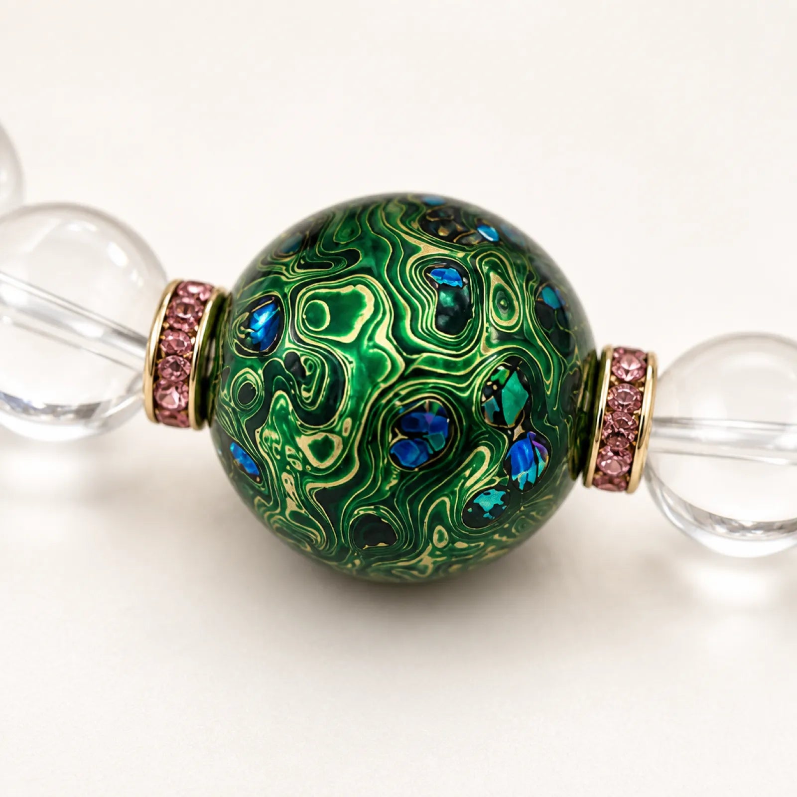 Clear Quartz & Green Lacquerware Bead Bracelet with Crystal Spacers - detail view