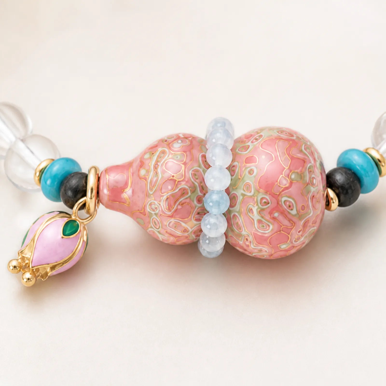 Rose Quartz & Multi-Gemstone Bracelet with Lacquerware Double Gourd Pendant - detail view
