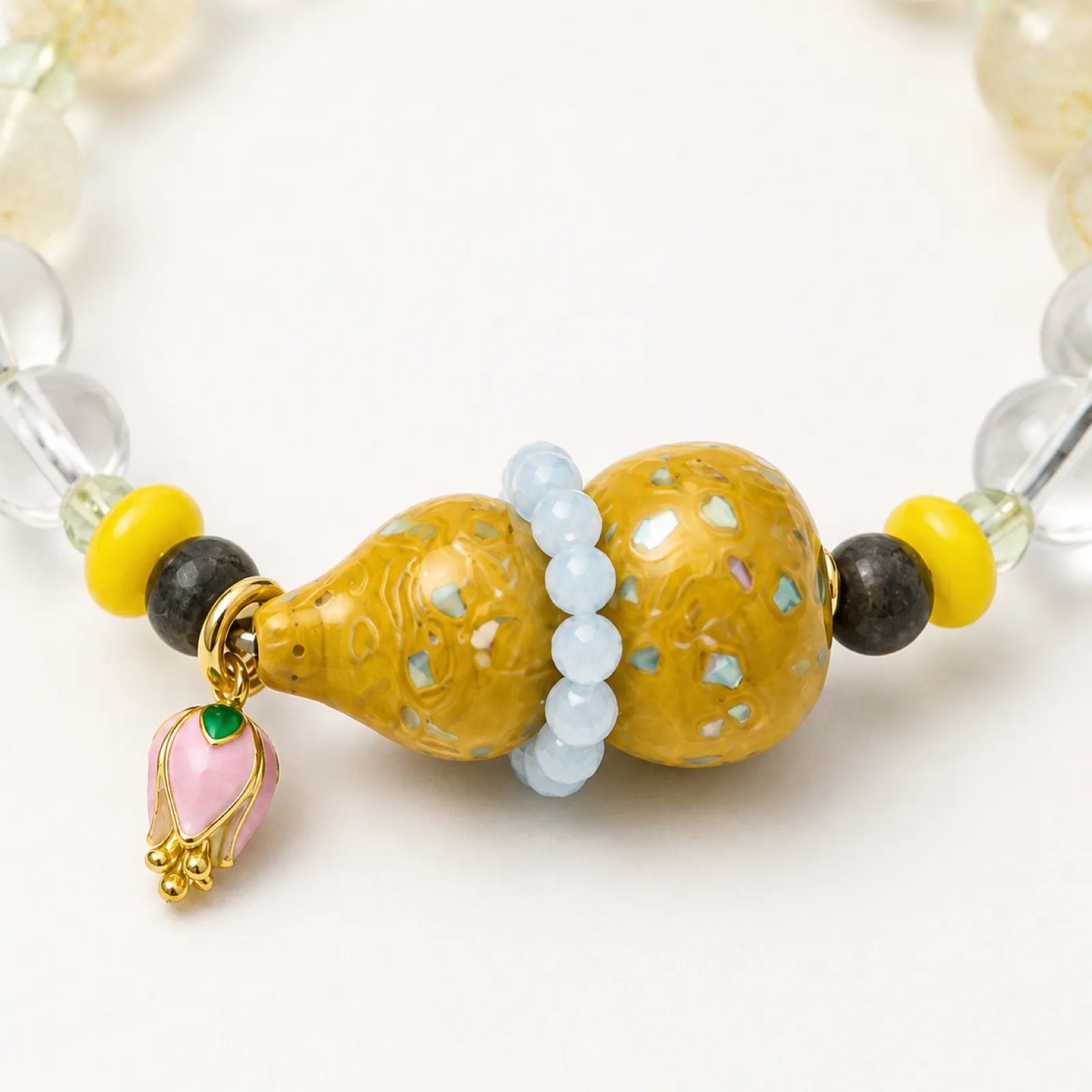 Clear & Citrine Quartz Bracelet with Yellow Lacquerware Double Gourd Pendant - detail view