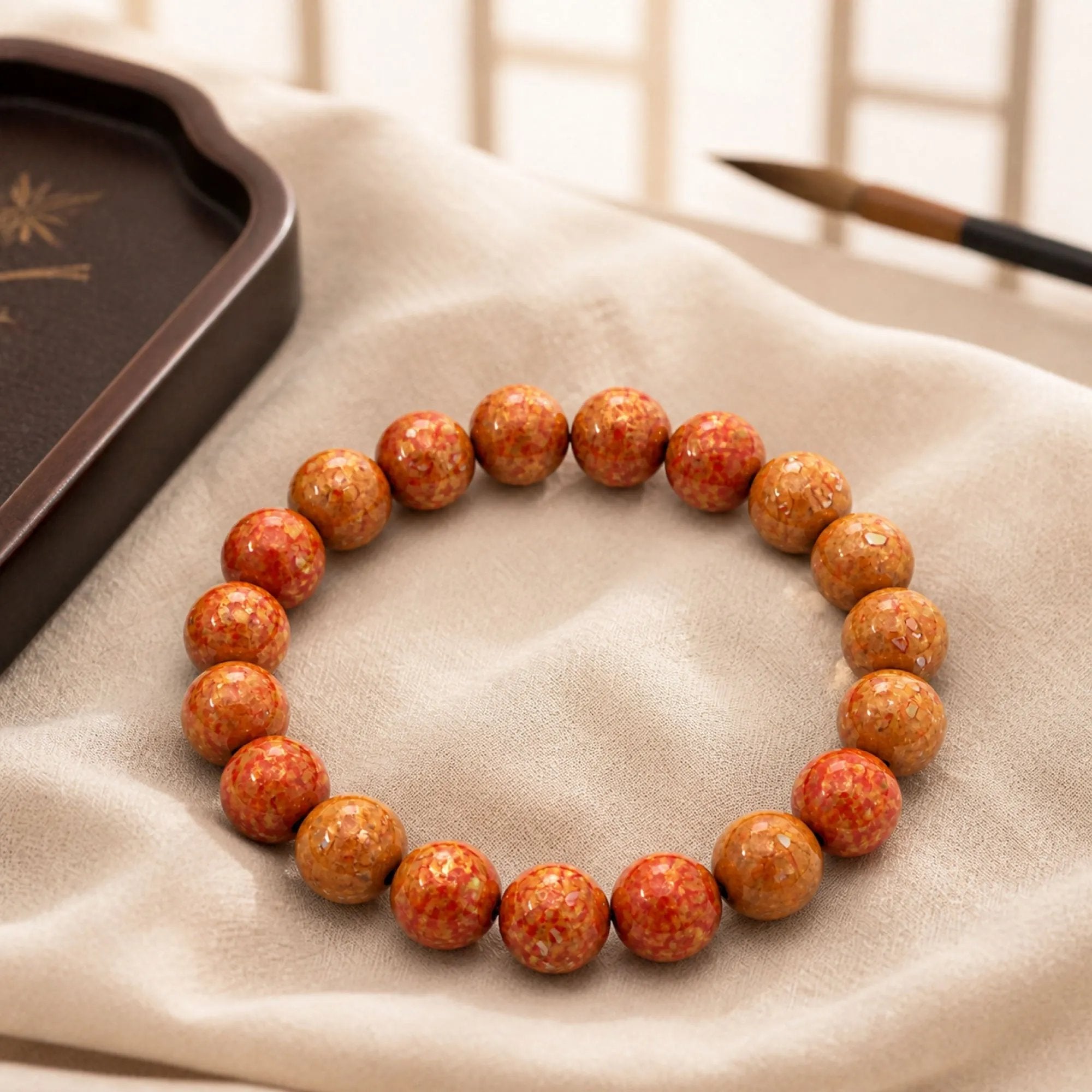 Chinese Lacquerware Beaded Bracelet - Tangerine Orange