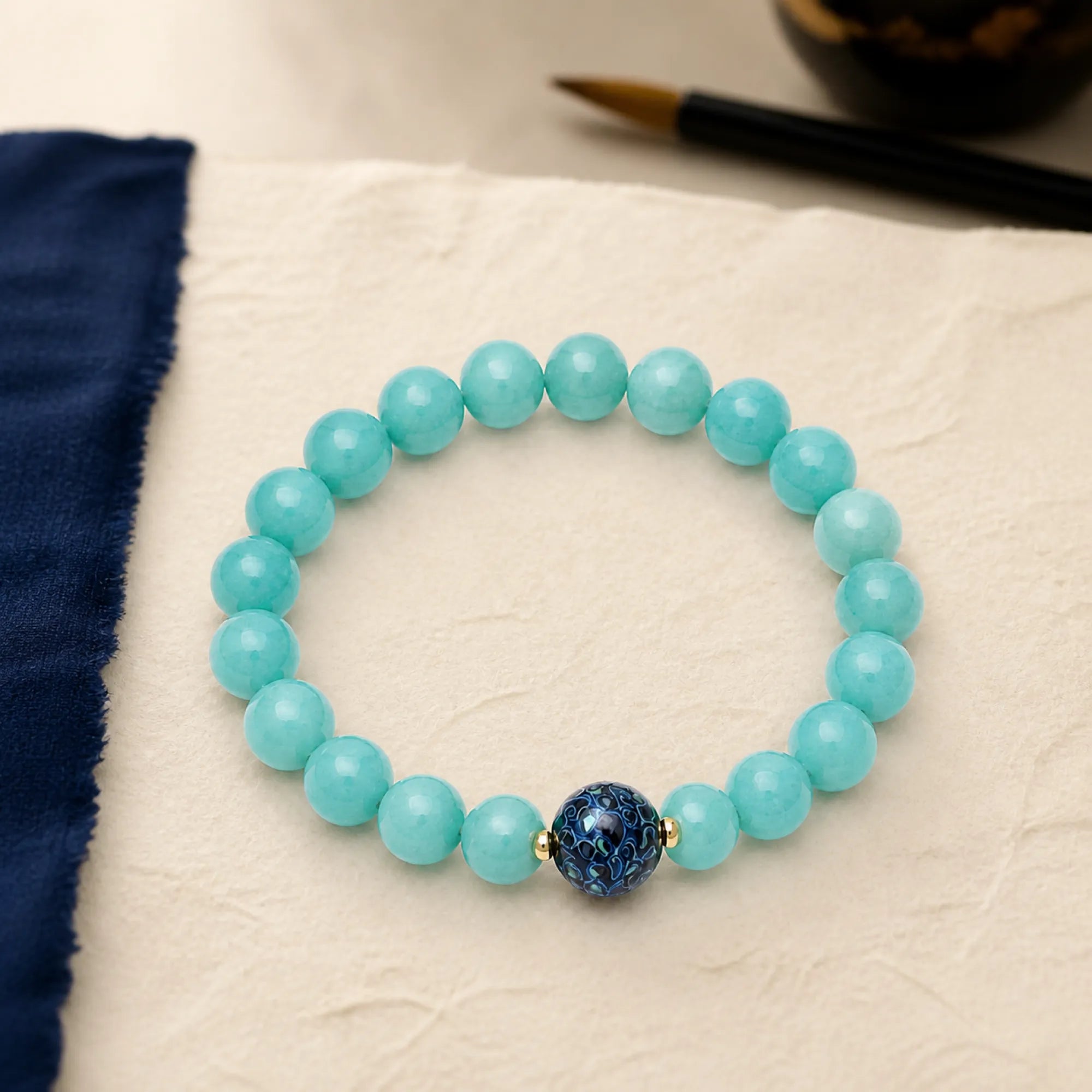 Aquamarine & Lacquerware Focal Bead Bracelet - craft silk scene