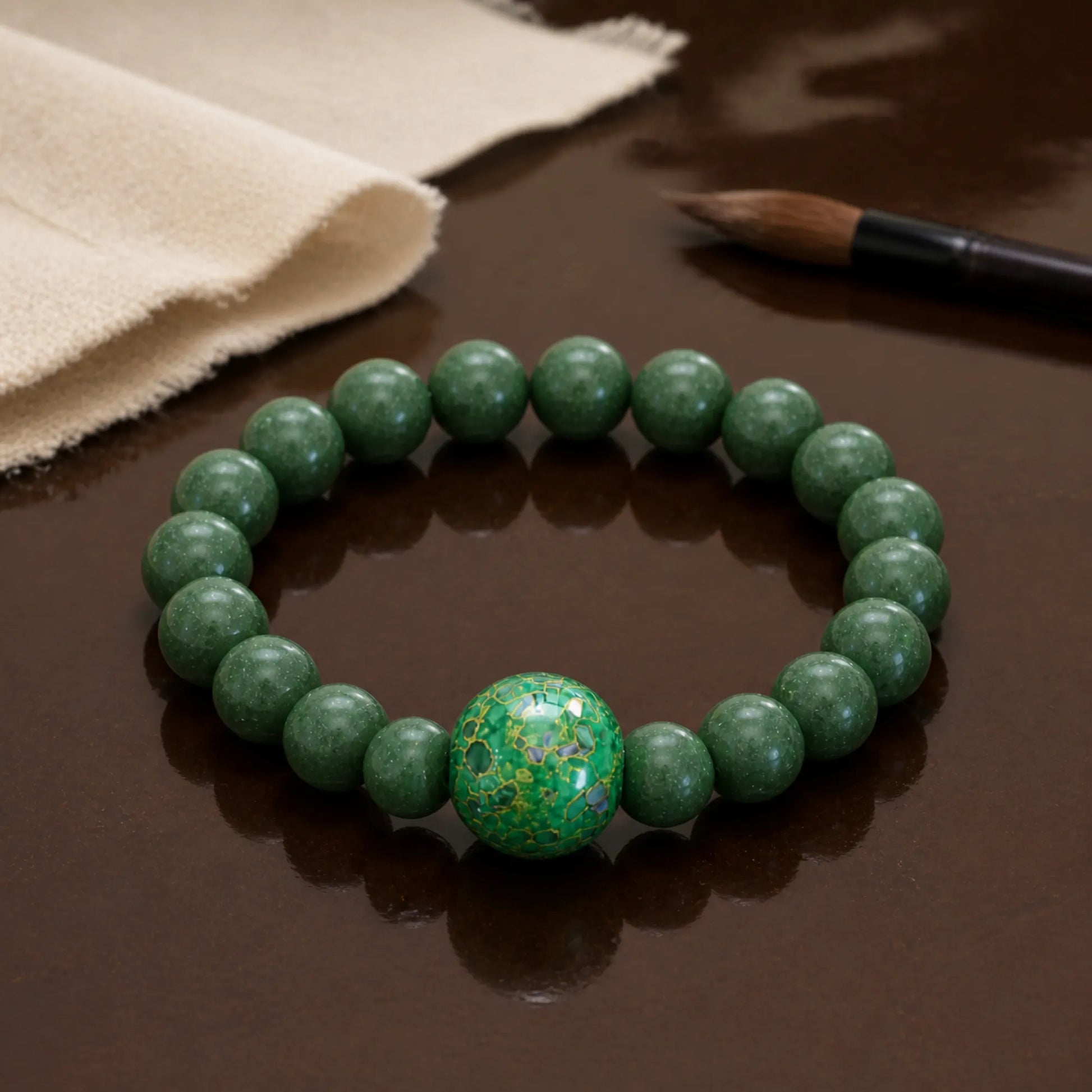 Lacquerware & Aromatic Herbal Beaded Stretch Bracelet — Green Yuzu Luck - craft silk scene