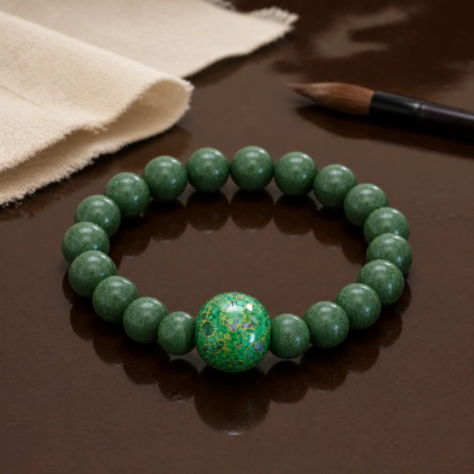 Lacquerware & Aromatic Herbal Beaded Stretch Bracelet — Green Yuzu Luck - craft silk scene