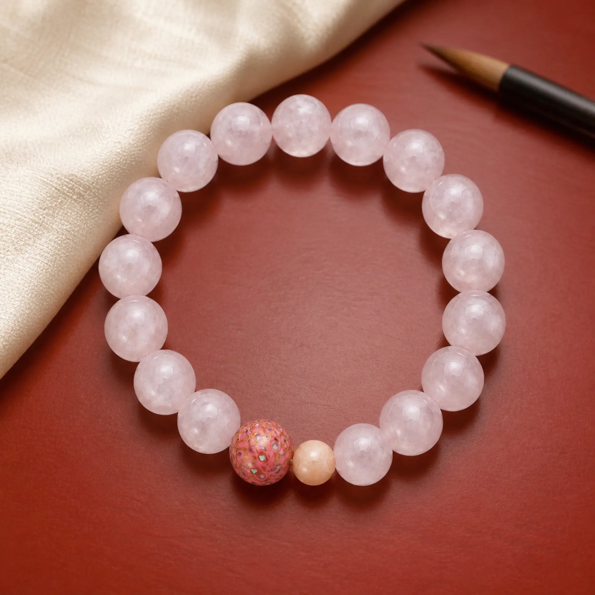 Lacquerware & Rose Quartz Beaded Stretch Bracelet - craft silk scene