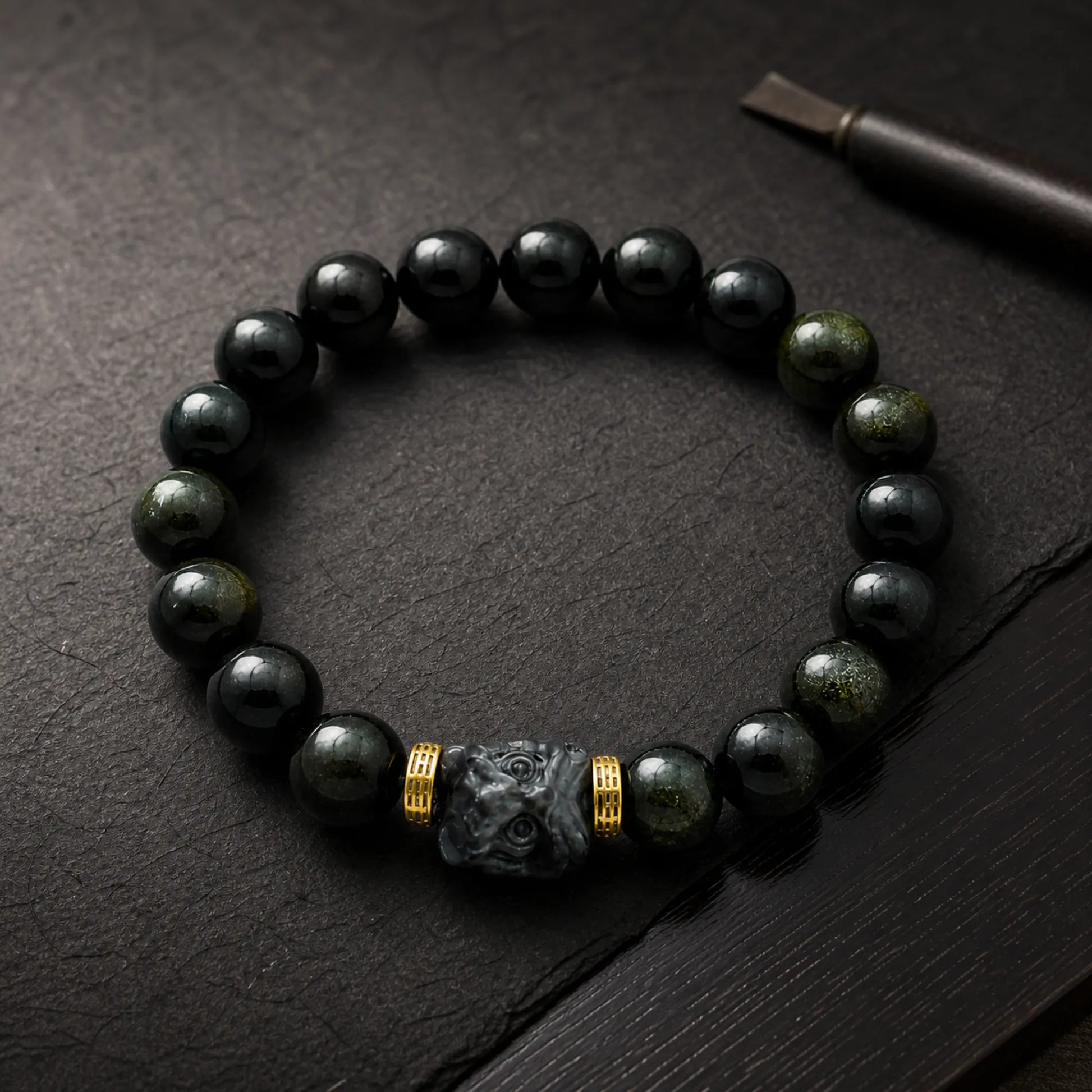 Guardian Deity Carved Bracelet | Black Obsidian & 18K Gold - craft silk scene