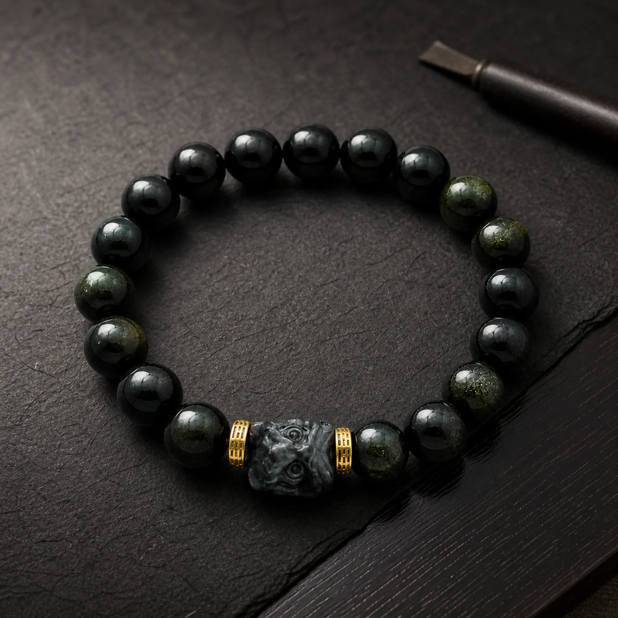 Guardian Deity Carved Bracelet | Black Obsidian & 18K Gold - craft silk scene