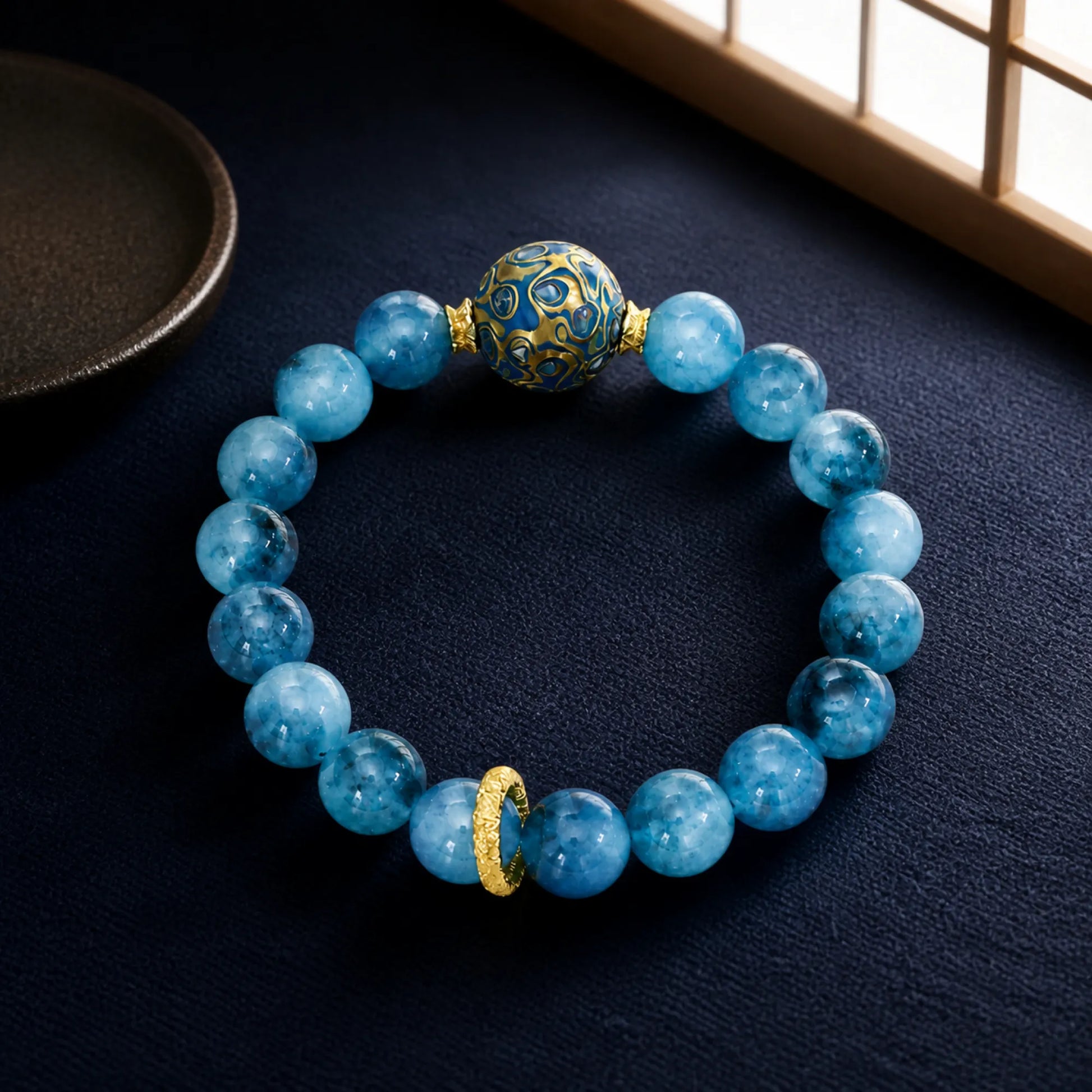 Blue Chalcedony & Lacquerware Bead Bracelet with Brass Accents - craft silk scene