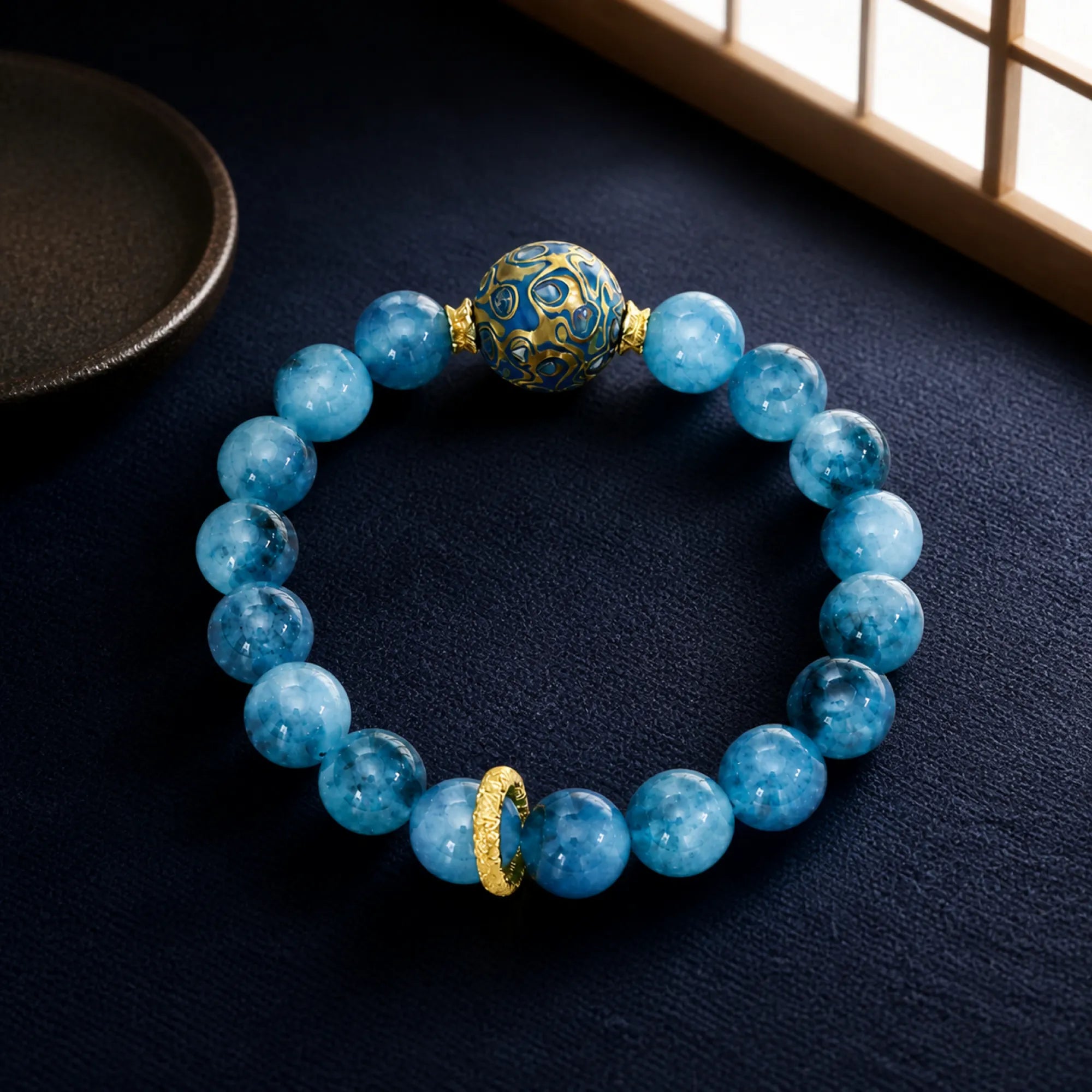 Blue Chalcedony & Lacquerware Bead Bracelet with Brass Accents - craft silk scene