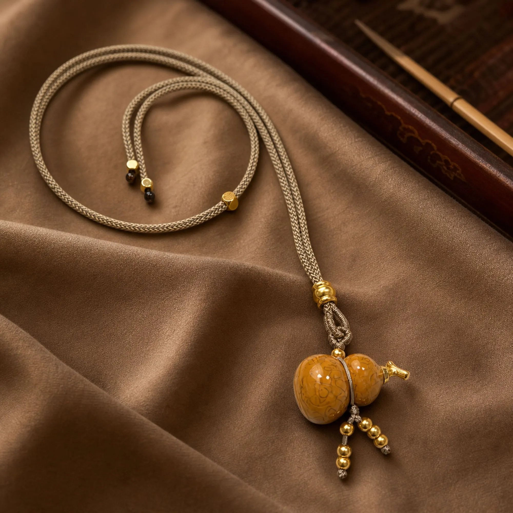 Chinese Lacquerware Gourd Necklace - Earthy Yellow