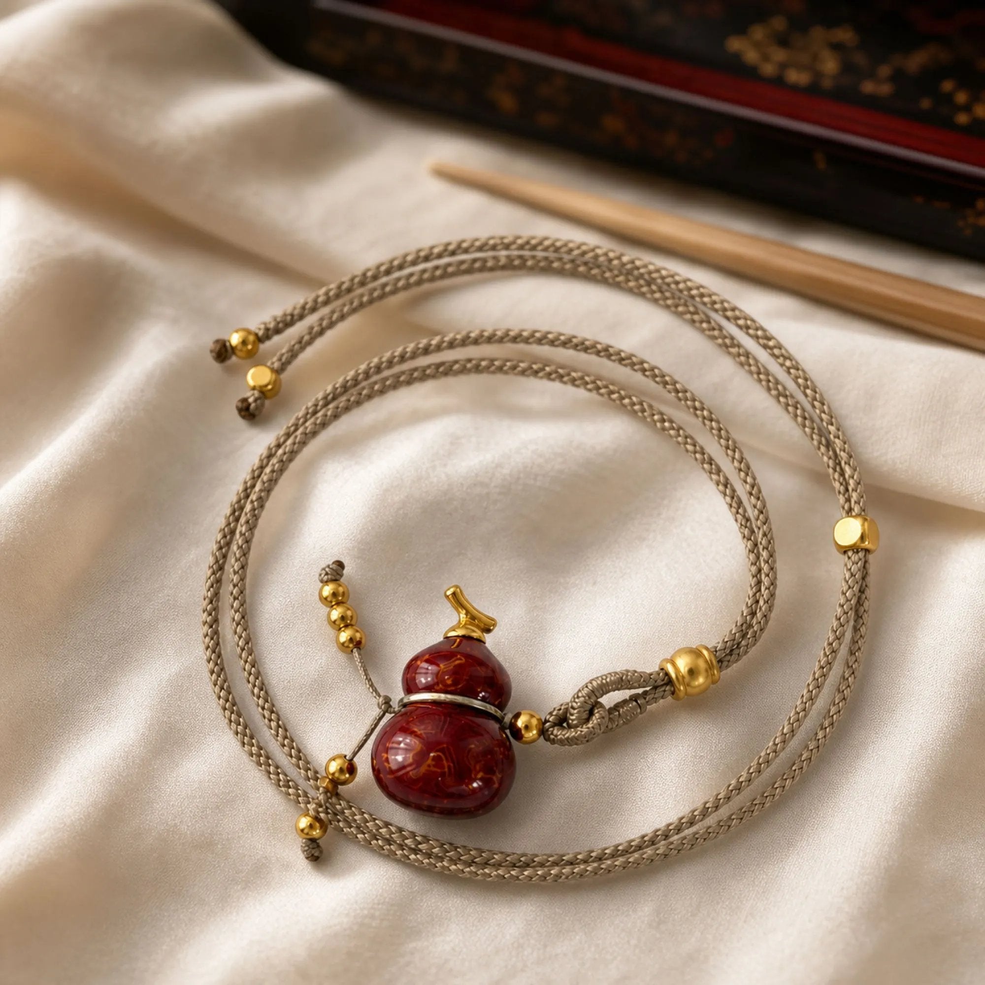 Chinese Lacquerware Gourd Necklace - Jujube Red