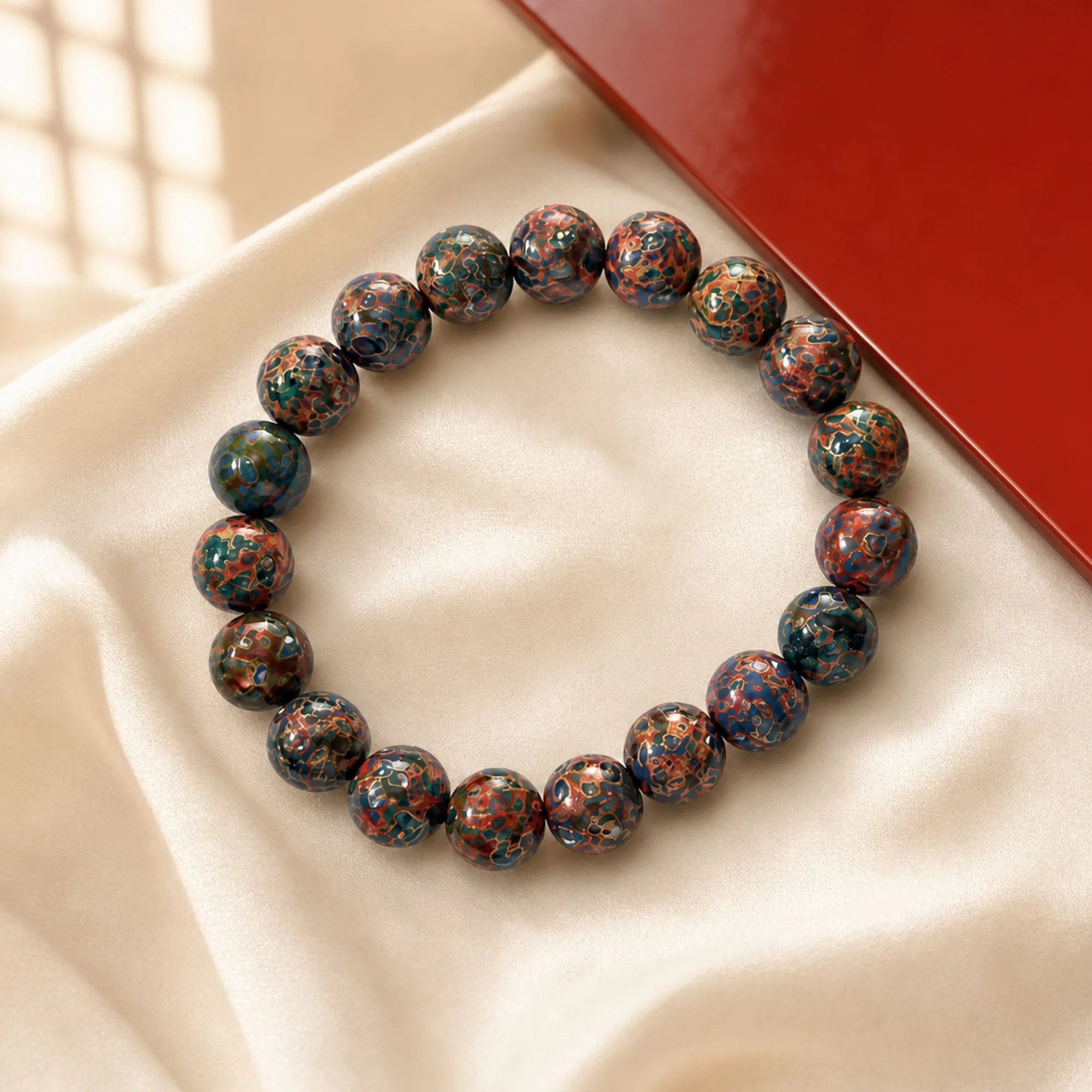 Chinese Lacquerware Beaded Bracelet - Floral Pattern